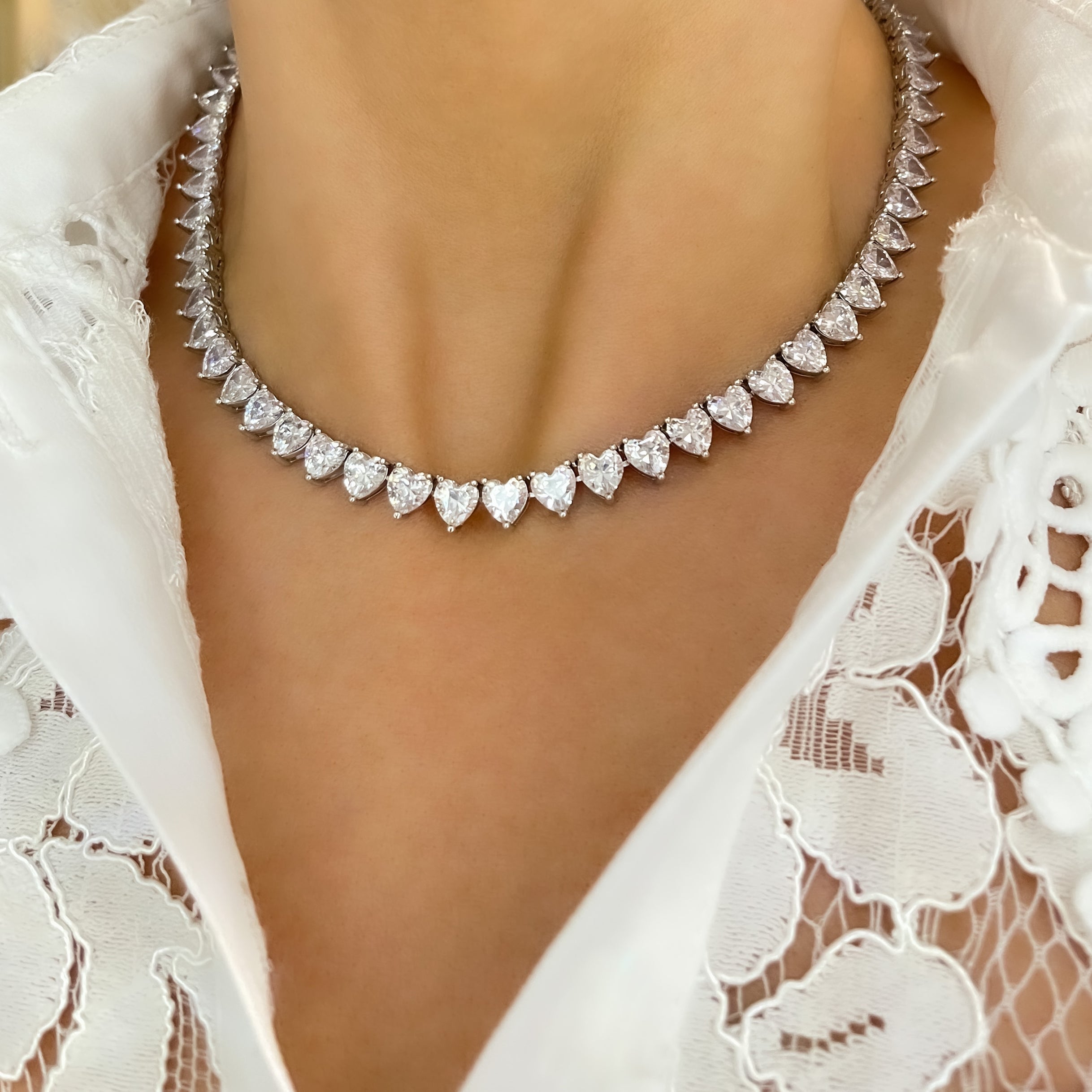 Sweetheart Deluxe Tennis Necklace | Silver
