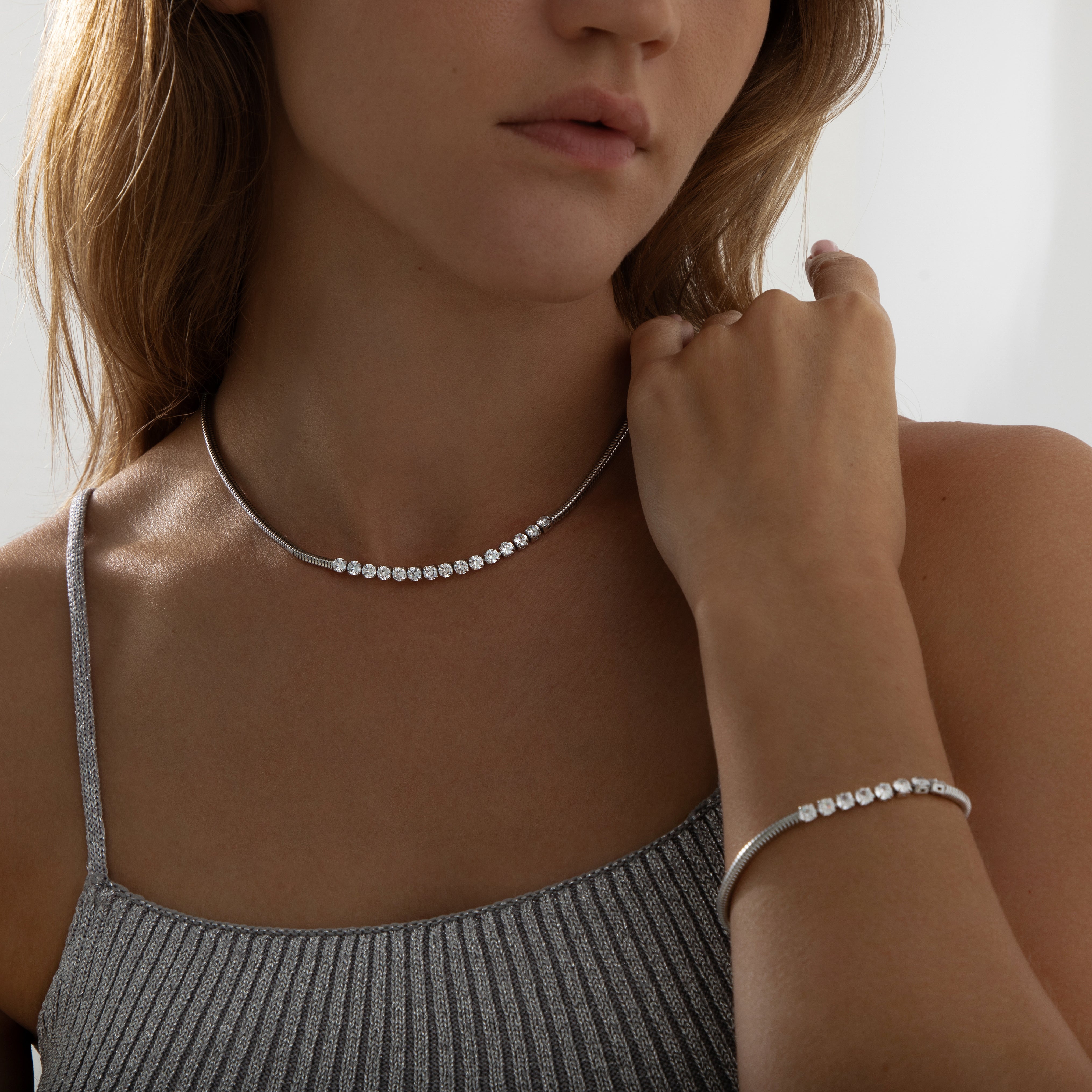 Tennis And Snake Chain Fusion Necklace | Silver