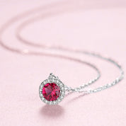 Round cut necklace, ruby necklace sparkling necklace, red necklace, halo necklace, solitaire necklace, statement necklace, silver necklace, diamond necklace, silver necklace, Christmas gift, Valentines gift