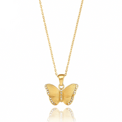 A delicate gold chain holds an ornate butterfly pendant approximately 2 cm wide. The butterfly features intricate filigree wings with openwork lattice and engraved detailing, accented by polished raised areas that catch the light. The body is subtly raised and smooth, with curled antennae. The pendant hangs from a small, plain bail. The chain is a fine, reflective cable‑style with tiny boxed links, fastened via a spring‑ring clasp. Overall, the piece exudes an elegant, vintage-inspired charm, blending airy