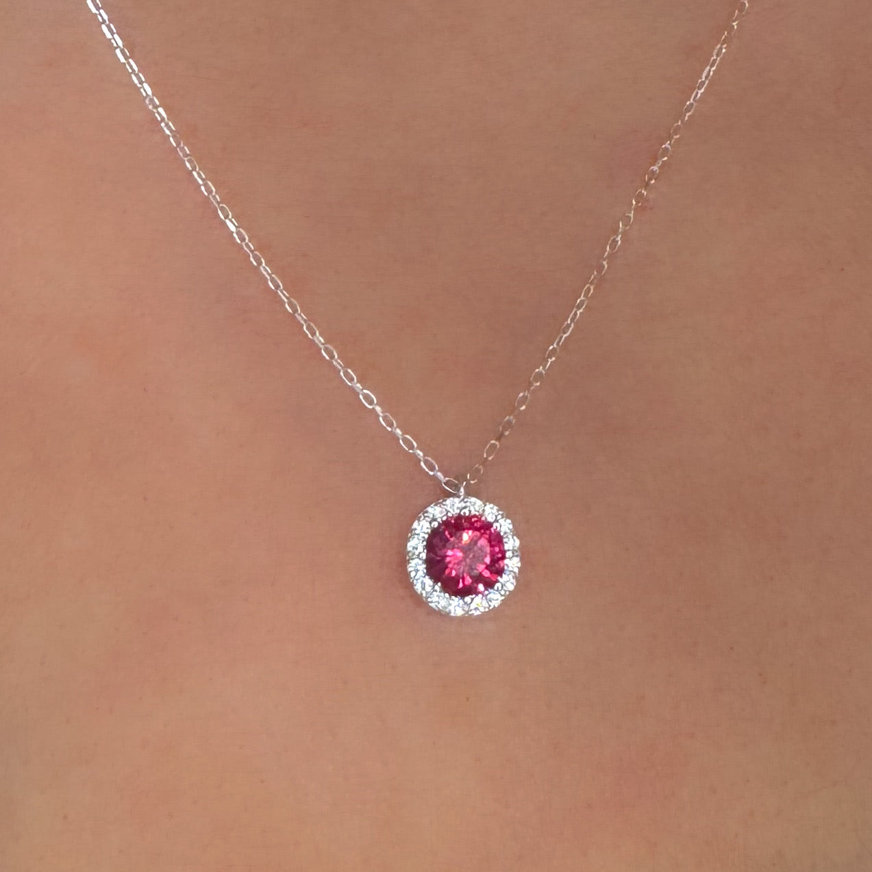 Round cut necklace, ruby necklace sparkling necklace, red necklace, halo necklace, solitaire necklace, statement necklace, silver necklace, diamond necklace, silver necklace, Christmas gift, Valentines gift