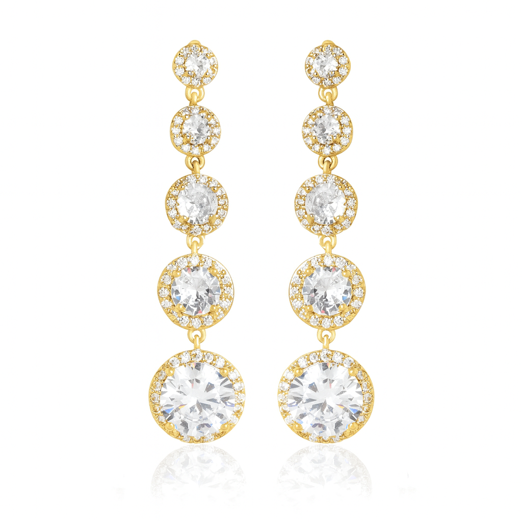 Zara gold drop earrings with simulated diamonds and pavé halo, elegant 18k gold-plated brass, luxury gift-ready packaging, perfect for weddings, parties, or special occasions.