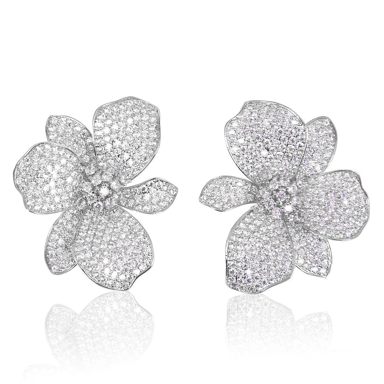 Silver wild orchid earrings, Micro-pavé silver floral earrings, Crystal cluster silver statement earrings, Luminous white shimmer silver earrings, Elegant silver plated flower earrings, Sparkling silver cocktail earrings, Chic silver earrings for special occasions