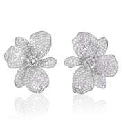 Silver wild orchid earrings, Micro-pavé silver floral earrings, Crystal cluster silver statement earrings, Luminous white shimmer silver earrings, Elegant silver plated flower earrings, Sparkling silver cocktail earrings, Chic silver earrings for special occasions