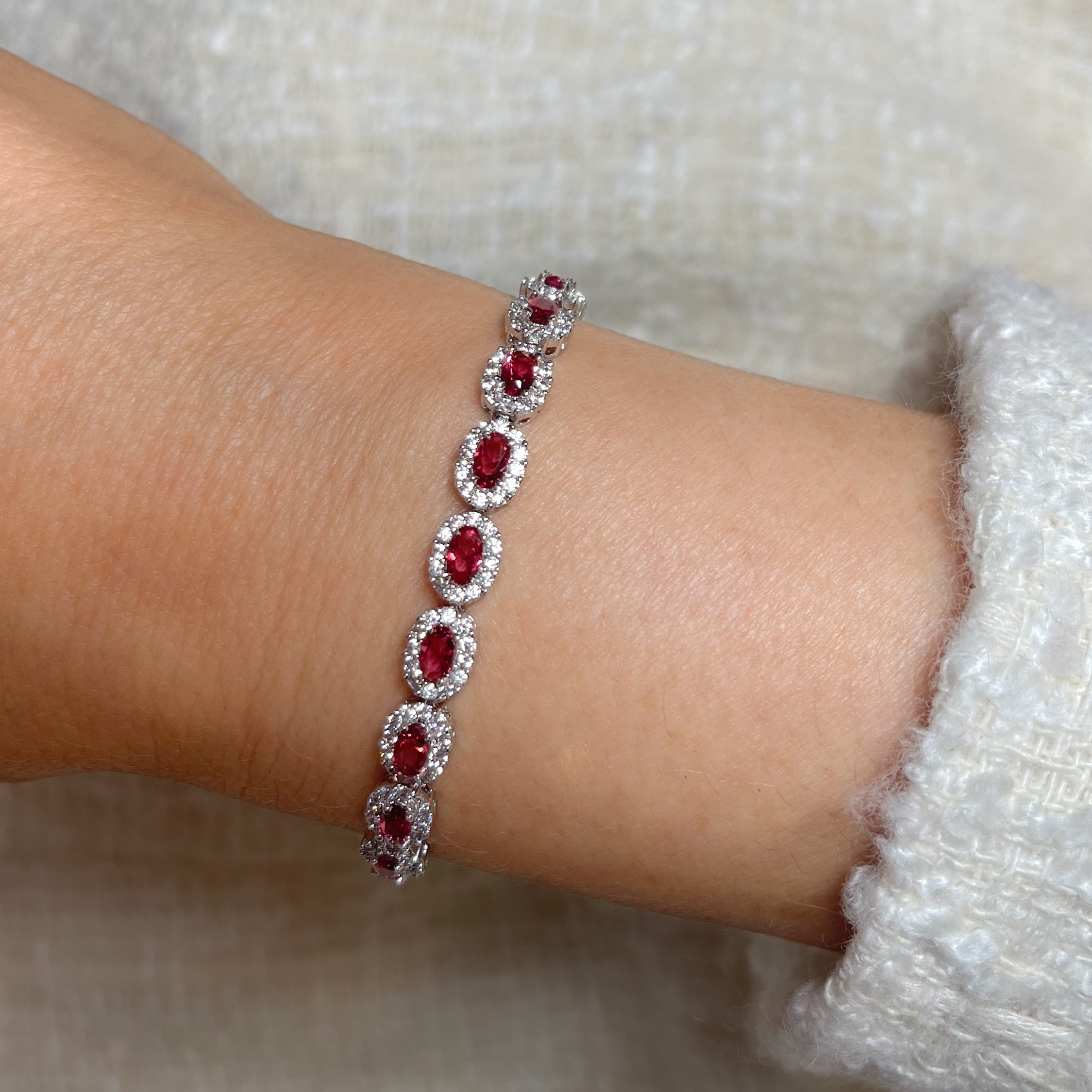 Opulence Oval Cut Halo Tennis Bracelet | Ruby Red | Silver