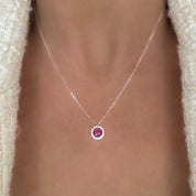 Round cut necklace, ruby necklace sparkling necklace, red necklace, halo necklace, solitaire necklace, statement necklace, silver necklace, diamond necklace, silver necklace, Christmas gift, Valentines gift