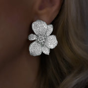 Silver wild orchid earrings, Micro-pavé silver floral earrings, Crystal cluster silver statement earrings, Luminous white shimmer silver earrings, Elegant silver plated flower earrings, Sparkling silver cocktail earrings, Chic silver earrings for special occasions