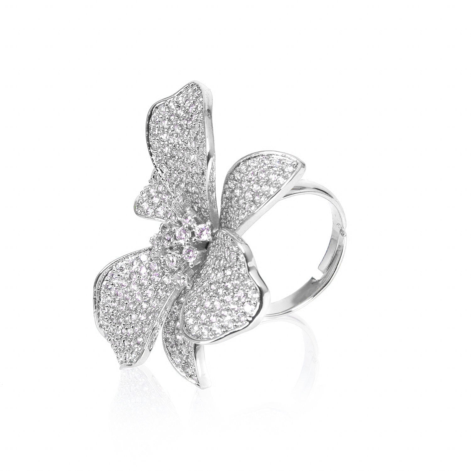Silver wild orchid ring, Crystal cluster silver ring, Micro-pavé silver floral ring, Sparkling white shimmer silver ring, Elegant silver statement ring, Luxe silver cocktail ring, Feminine silver flower ring