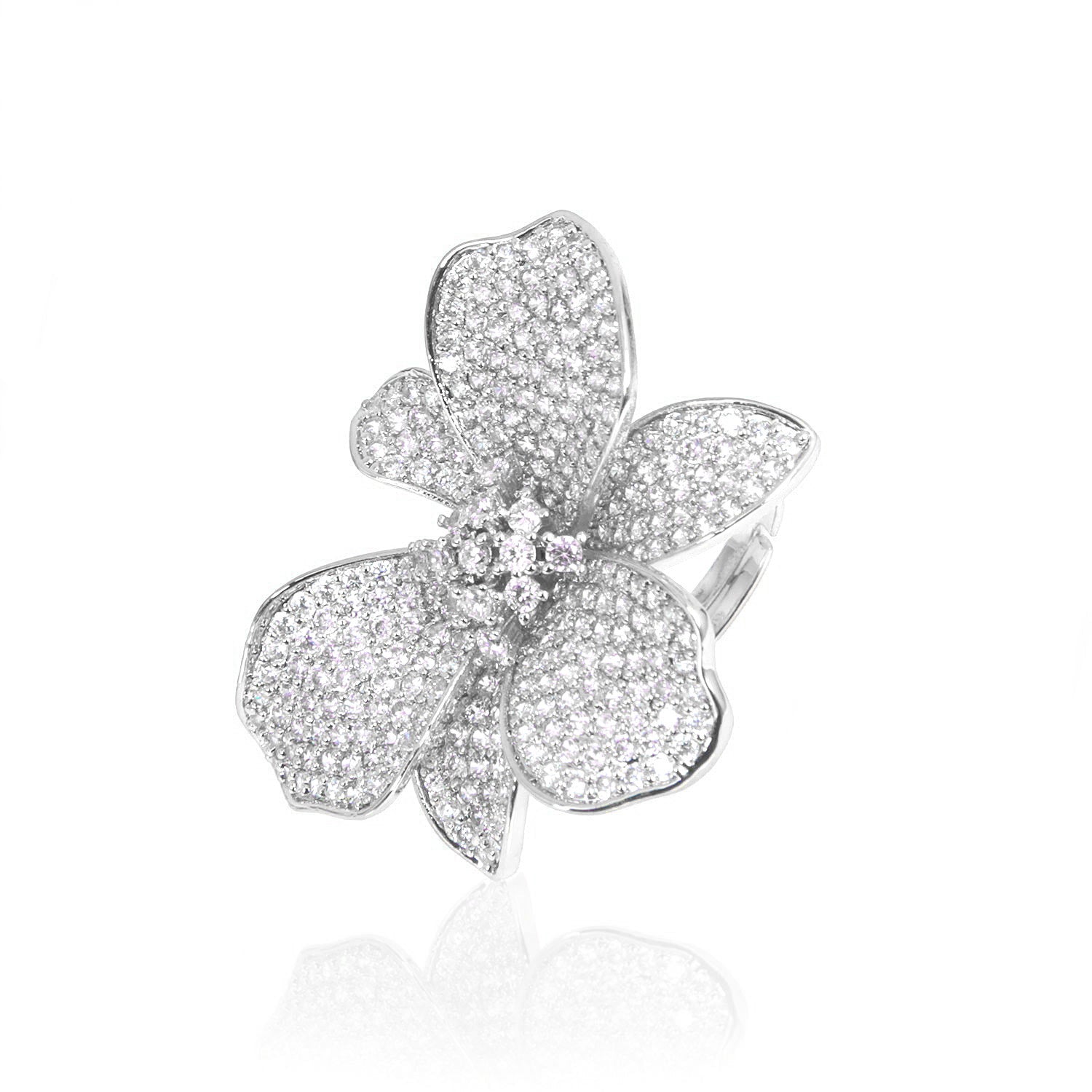 Silver wild orchid ring, Crystal cluster silver ring, Micro-pavé silver floral ring, Sparkling white shimmer silver ring, Elegant silver statement ring, Luxe silver cocktail ring, Feminine silver flower ring