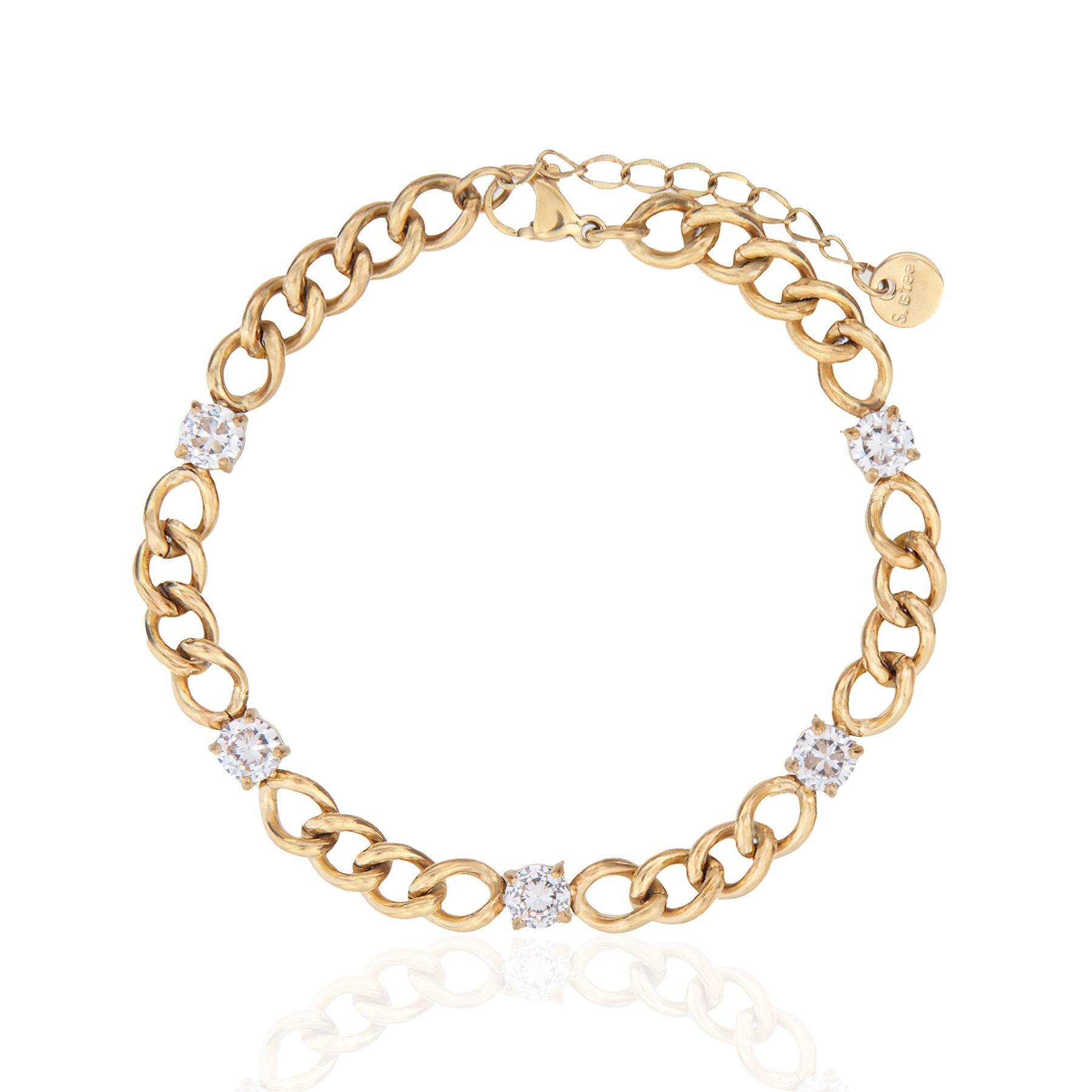 Gold-plated stainless steel chain bracelet with five spaced cubic zirconia crystals, 0.51 cm wide, adjustable length, waterproof and sweatproof elegant jewelry piece.