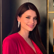 Starlet Supreme earrings, silver drop earrings, long statement earrings, geometric cubic zirconia, sparkling detail, worn by Tess Daly, BBC Strictly Come Dancing, model wearing earrings, evening jewelry, special occasion earrings, elegant design, party earrings, wedding guest jewelry, red carpet style