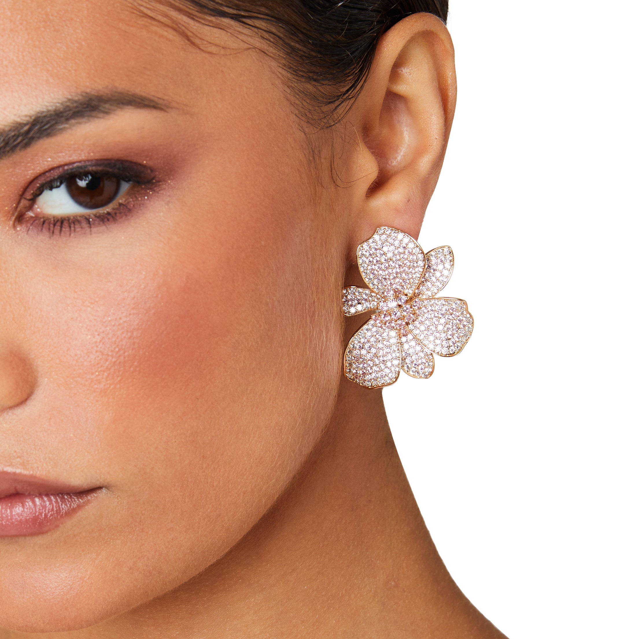 Gold wild orchid earrings, Micro-pavé gold floral earrings, Crystal cluster gold statement earrings, Pastel shimmer gold earrings, Elegant gold plated flower earrings, Sparkling gold cocktail earrings, Luxe gold earrings for special occasions