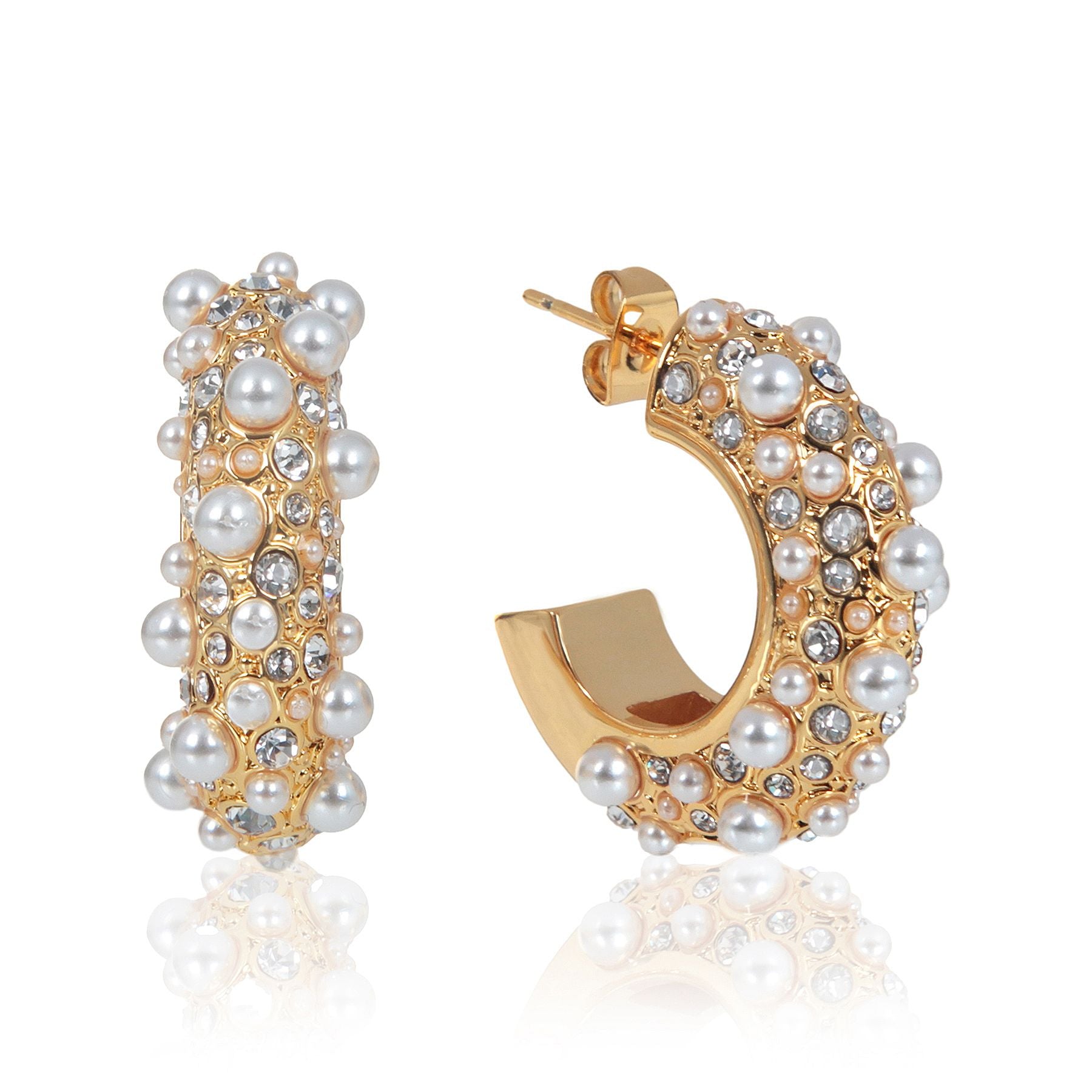 Chunky gold hoop earrings with bubble pearl cabochons and sparkling cubic zirconia stones, statement jewelry perfect for day-to-night wear.