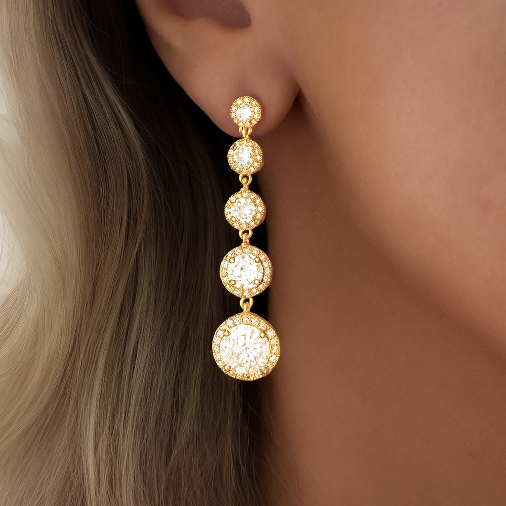 Zara gold drop earrings with simulated diamonds and pavé halo, elegant 18k gold-plated brass, luxury gift-ready packaging, perfect for weddings, parties, or special occasions.