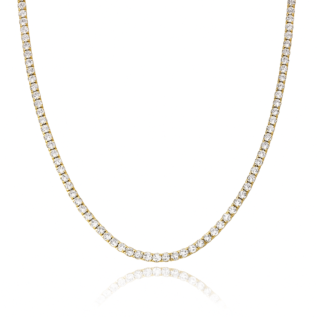 Gold dainty tennis necklace featuring a continuous line of sparkling round-cut cubic zirconia stones on a delicate chain