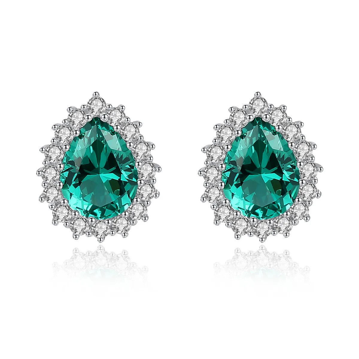 Pear Cut Sparkles Halo Stud Earrings Emerald Sterling Silver
