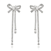 Silver earrings, Party earrings, Long drop earrings, Bow earrings, Going out earrings, Crystal earrings, Fringe earrings