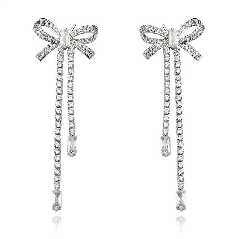 Silver earrings, Party earrings, Long drop earrings, Bow earrings, Going out earrings, Crystal earrings, Fringe earrings