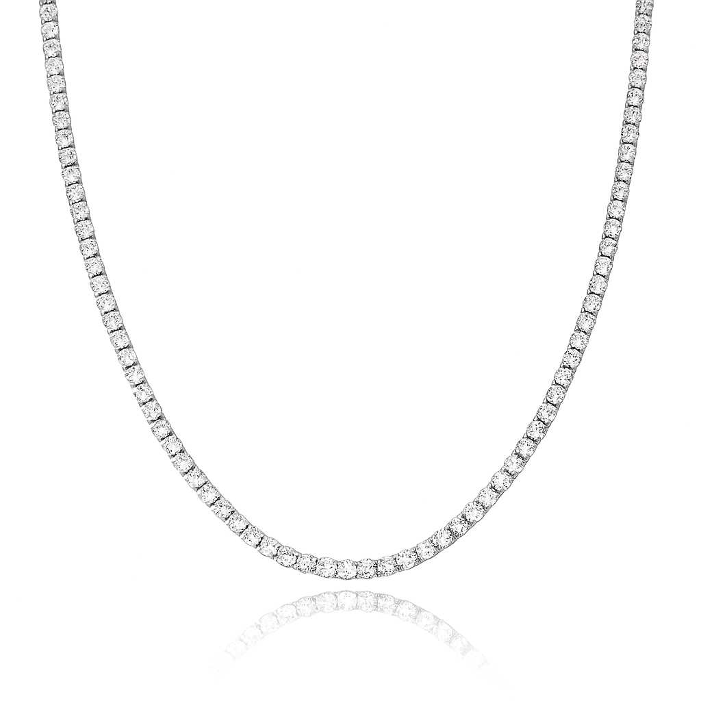 Silver dainty tennis necklace with round-cut cubic zirconia stones on a delicate chain