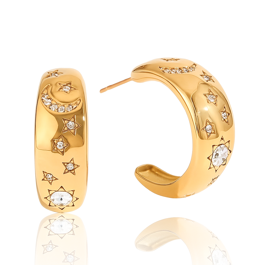 Pair of 18k gold-plated stainless steel hoop earrings, each adorned with a celestial design featuring sparkling stars, a crescent moon, and a radiant sunburst. Delicately inlaid with shimmering AAA cubic zirconia crystals to evoke a night sky effect. Lightweight, waterproof, tarnish-free, and hypoallergenic—crafted for all-day, everyday elegance.