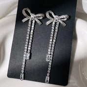 Silver earrings, Party earrings, Long drop earrings, Bow earrings, Going out earrings, Crystal earrings, Fringe earrings