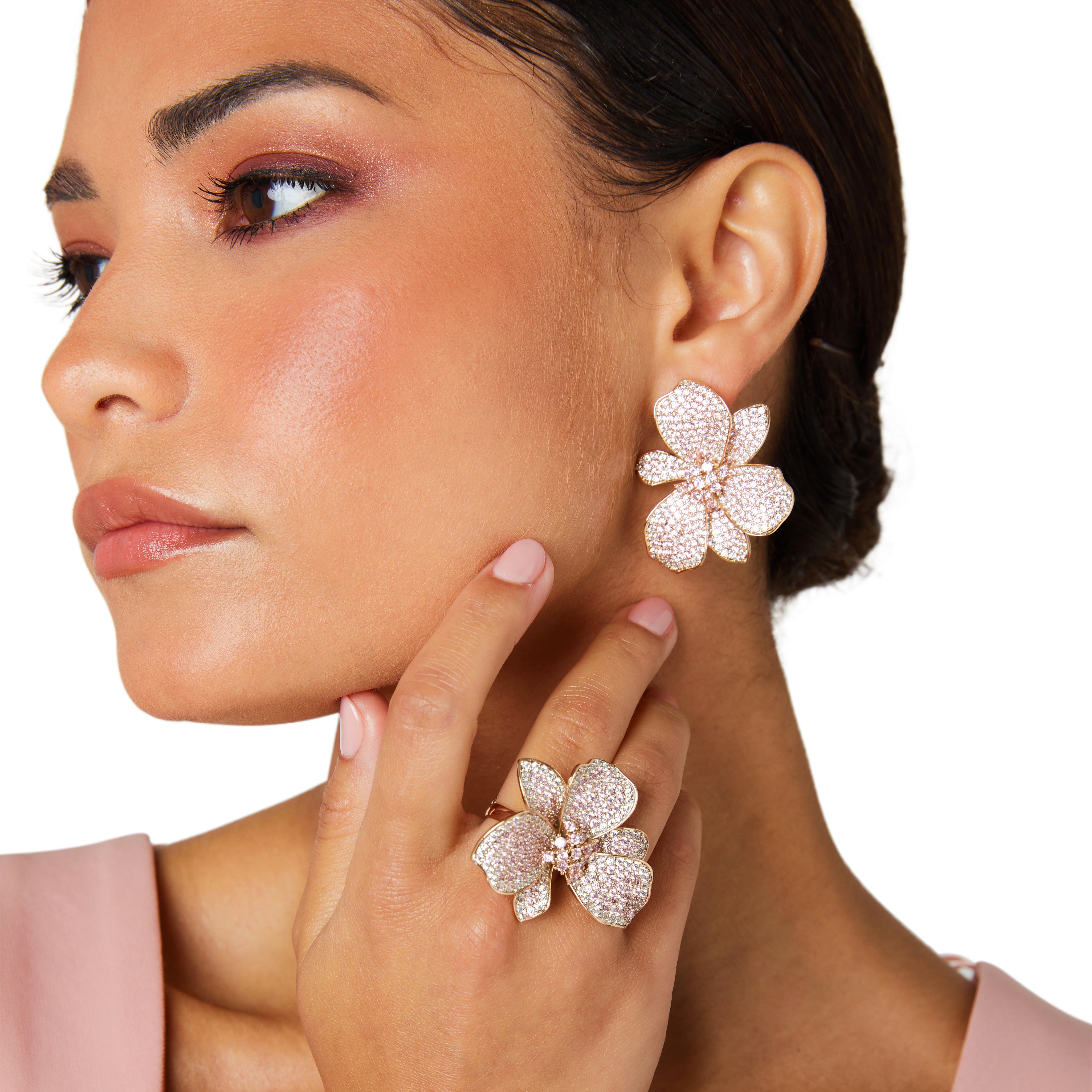 Gold wild orchid earrings, Micro-pavé gold floral earrings, Crystal cluster gold statement earrings, Pastel shimmer gold earrings, Elegant gold plated flower earrings, Sparkling gold cocktail earrings, Luxe gold earrings for special occasions