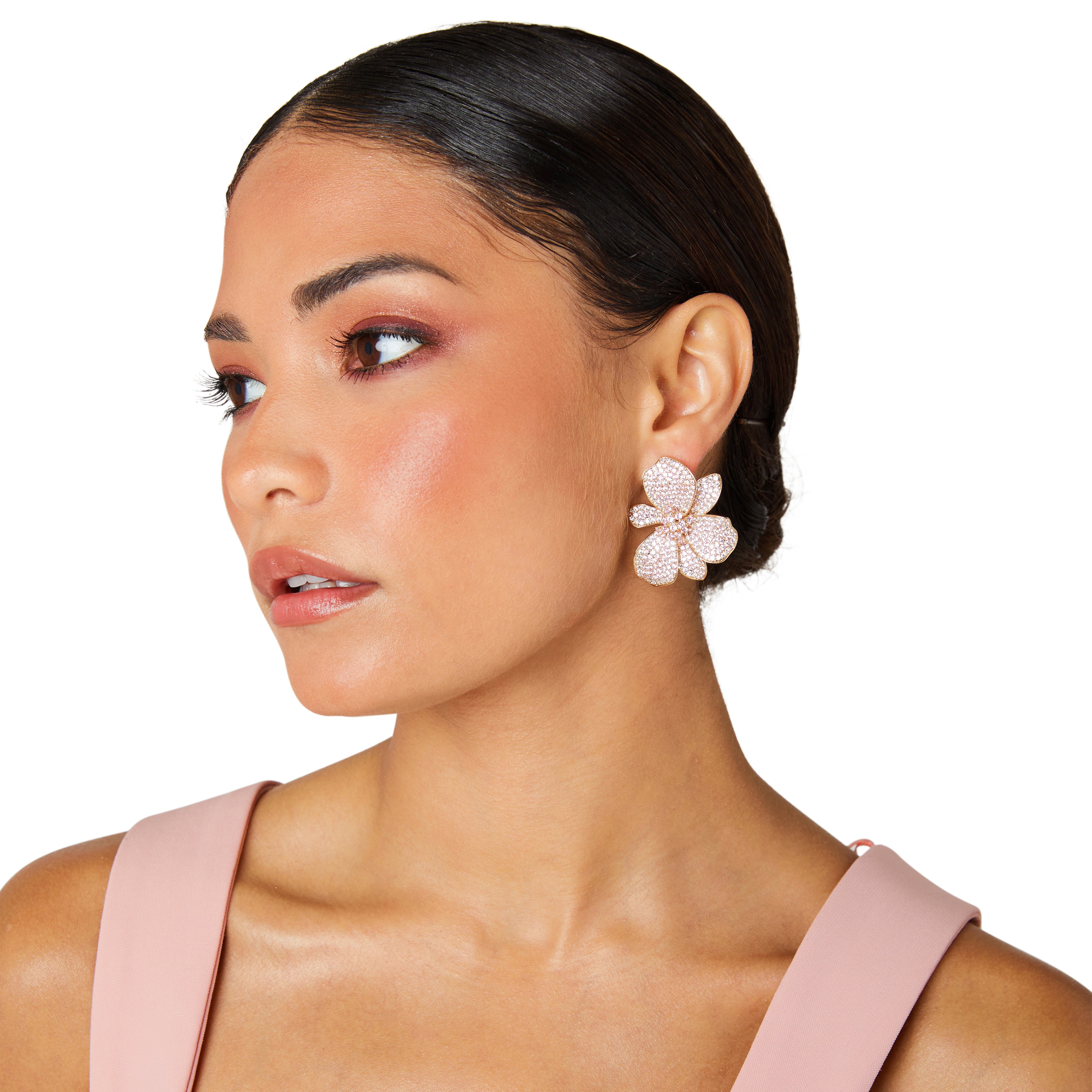 Gold wild orchid earrings, Micro-pavé gold floral earrings, Crystal cluster gold statement earrings, Pastel shimmer gold earrings, Elegant gold plated flower earrings, Sparkling gold cocktail earrings, Luxe gold earrings for special occasions