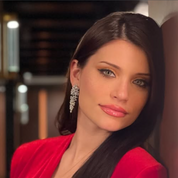 Starlet Supreme earrings, silver drop earrings, long statement earrings, geometric cubic zirconia, sparkling detail, worn by Tess Daly, BBC Strictly Come Dancing, model wearing earrings, evening jewelry, special occasion earrings, elegant design, party earrings, wedding guest jewelry, red carpet style