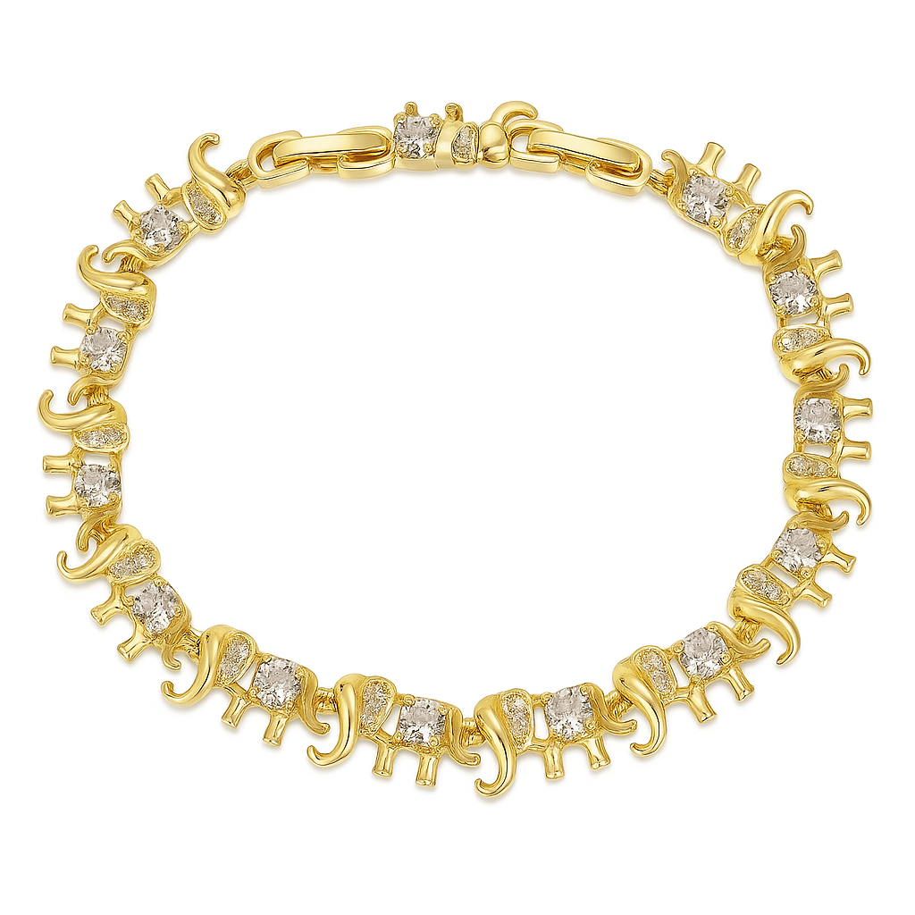 A delicate gold‑plated link bracelet featuring a whimsical parade of stylised elephant silhouettes, each linked trunk-to-tail. The small elephant charms are uniformly sized with softly rounded bodies and upturned trunks, creating a playful, continuous chain. The bracelet is secured with an integrated box‑style clasp and lays flat when worn, measuring around 18 cm in length. The polished gold finish gives a warm, refined sheen, enhancing its charming, artisan-crafted look.