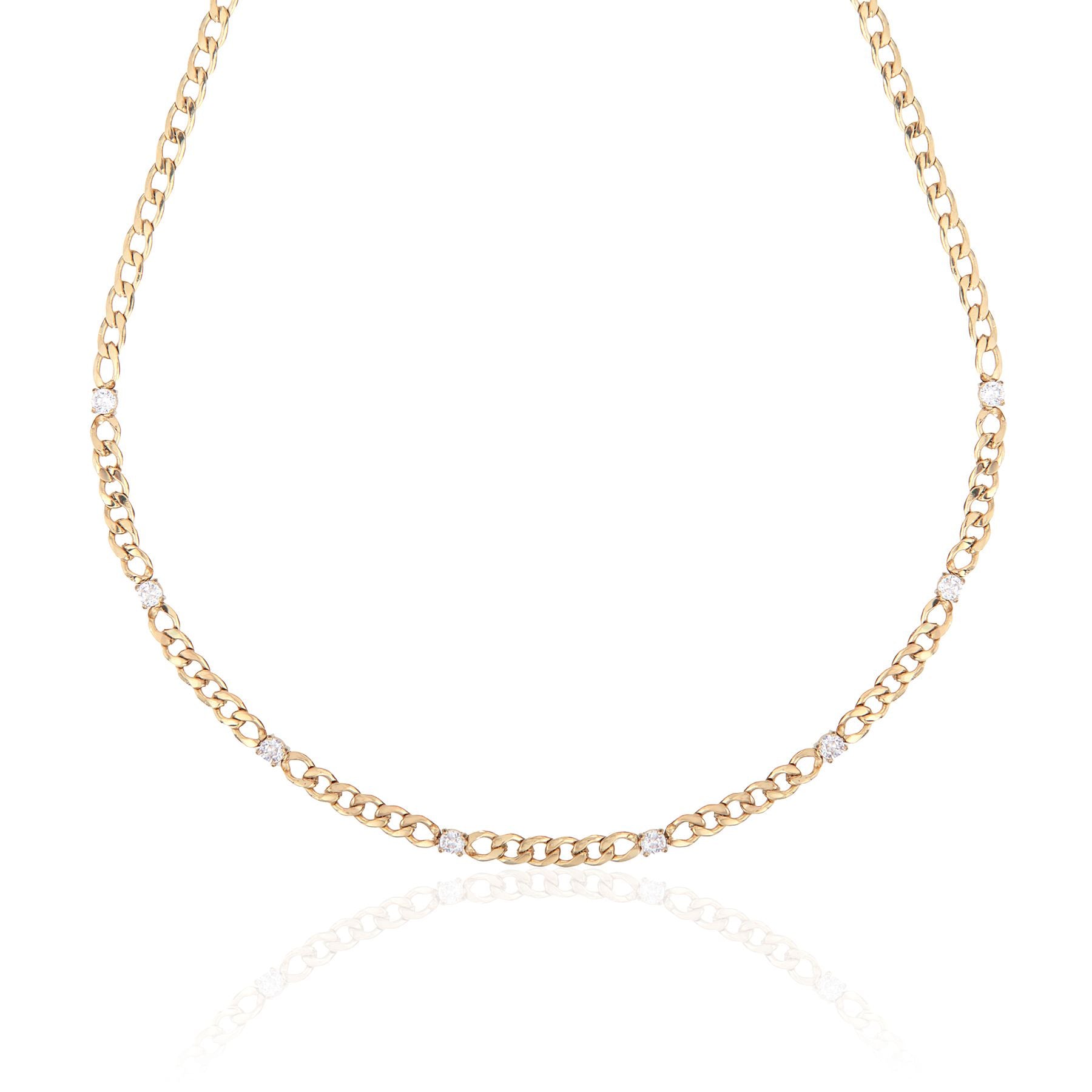 Elevate your everyday look with the Chain of Lights Necklace – an 18K gold-plated stainless steel chain adorned with 8 cubic zirconia crystals. Waterproof, sweatproof, and perfect for layering, this dainty yet durable necklace brings lasting sparkle to every outfit.