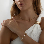 Elevate your everyday look with the Chain of Lights Necklace – an 18K gold-plated stainless steel chain adorned with 8 cubic zirconia crystals. Waterproof, sweatproof, and perfect for layering, this dainty yet durable necklace brings lasting sparkle to every outfit.