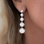 Zara drop earrings with simulated diamonds and pavé halo, white gold-plated brass, 4.6cm long, luxury gift-ready, perfect for special occasions