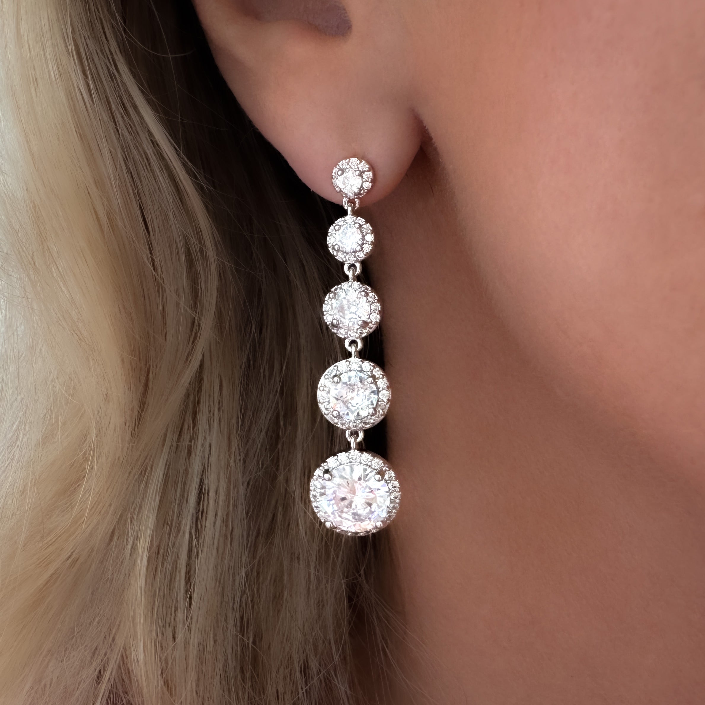 Zara drop earrings with simulated diamonds and pavé halo, white gold-plated brass, 4.6cm long, luxury gift-ready, perfect for special occasions