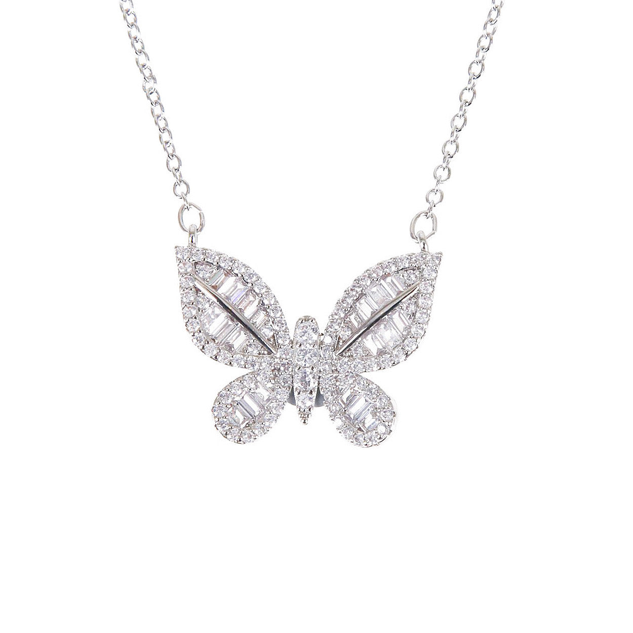 A delicately crafted rhodium-plated silver cable chain suspends a butterfly pendant measuring about 1.8 cm across. The butterfly’s wings are outlined and filled with sparkling white cubic zirconia crystals of varying cuts—round and baguette—creating a textured, shimmering mosaic. The pendant is centred on the chain, which measures 16 in (40 cm) and fastens with a small spring-ring clasp. The overall aesthetic is elegant, glimmering, and nature-inspired, perfect for adding a subtle yet eye-catching accent to