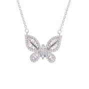 A delicately crafted rhodium-plated silver cable chain suspends a butterfly pendant measuring about 1.8 cm across. The butterfly’s wings are outlined and filled with sparkling white cubic zirconia crystals of varying cuts—round and baguette—creating a textured, shimmering mosaic. The pendant is centred on the chain, which measures 16 in (40 cm) and fastens with a small spring-ring clasp. The overall aesthetic is elegant, glimmering, and nature-inspired, perfect for adding a subtle yet eye-catching accent to