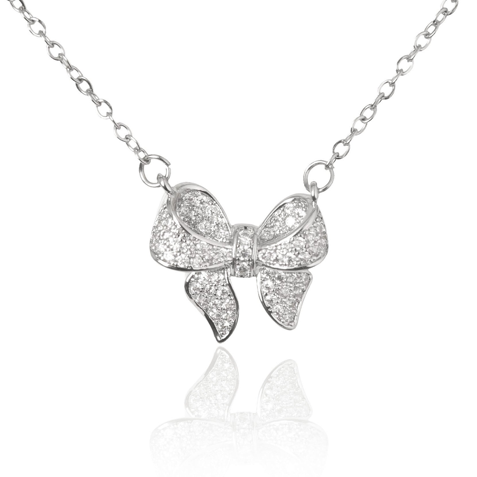 Sterling silver plated bow pendant necklace – delicate ribbon design on fine chain against white background