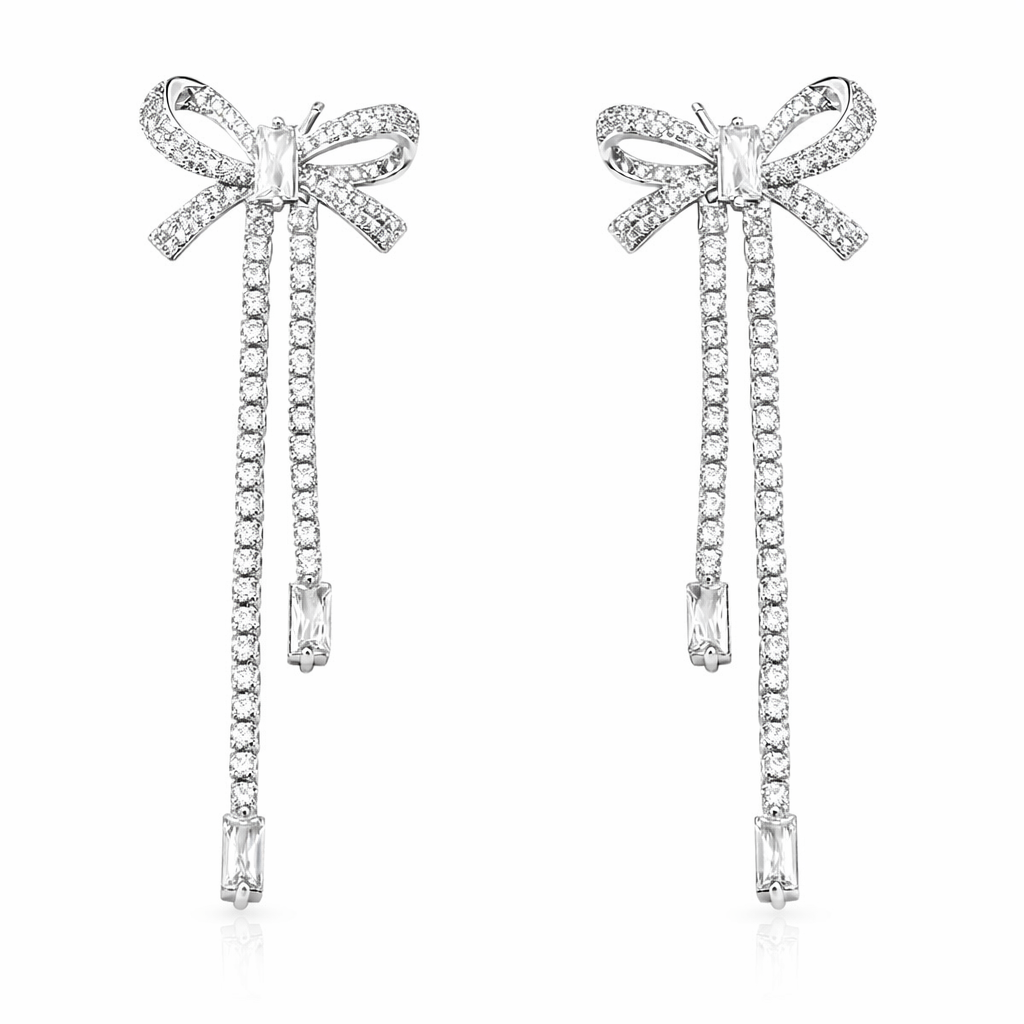 アクセサリー MICRO BOW CRYSTAL TIERED EARRINGS Bow Drop Crystal Fringe Earrings Silver | Statement Earrings UK