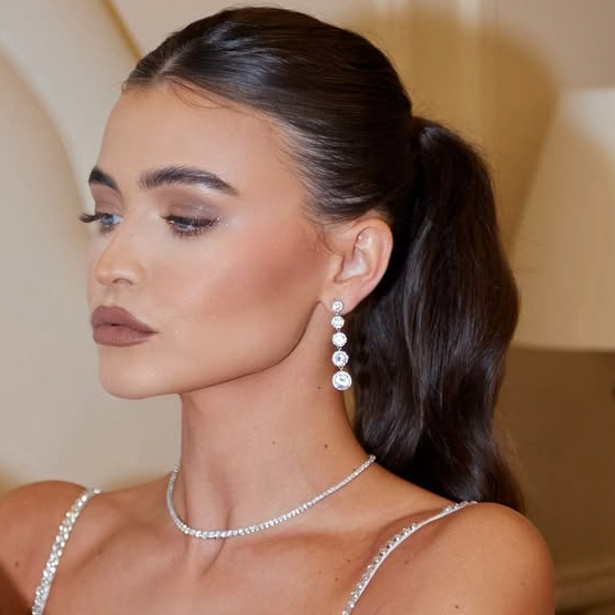 Zara drop earrings with simulated diamonds and pavé halo, white gold-plated brass, 4.6cm long, luxury gift-ready, perfect for special occasions