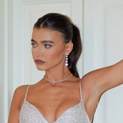 Zara drop earrings with simulated diamonds and pavé halo, white gold-plated brass, 4.6cm long, luxury gift-ready, perfect for special occasions