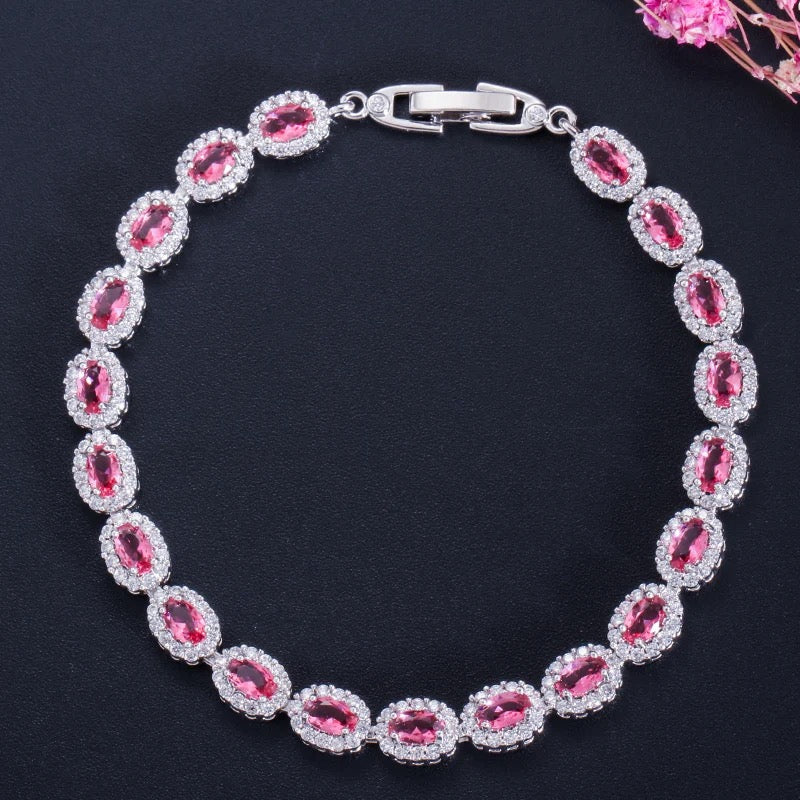 Opulence Oval Cut Halo Tennis Bracelet | Ruby Red | Silver