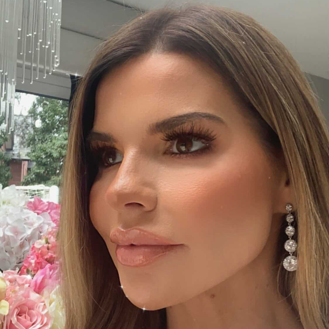 Zara drop earrings with simulated diamonds and pavé halo, white gold-plated brass, 4.6cm long, luxury gift-ready, perfect for special occasions