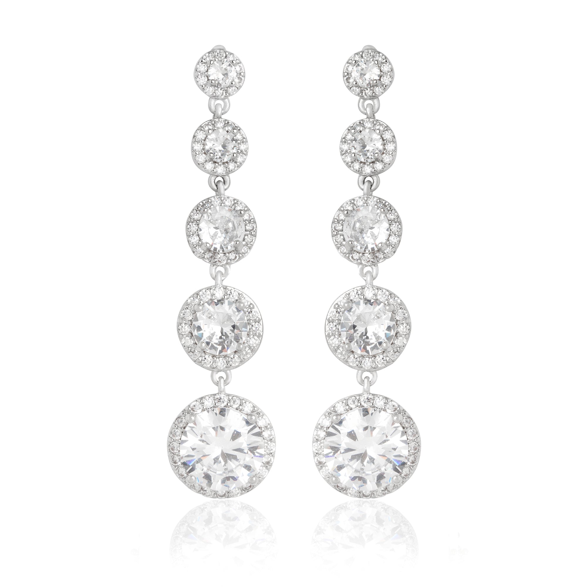 Zara drop earrings with simulated diamonds and pavé halo, white gold-plated brass, 4.6cm long, luxury gift-ready, perfect for special occasions