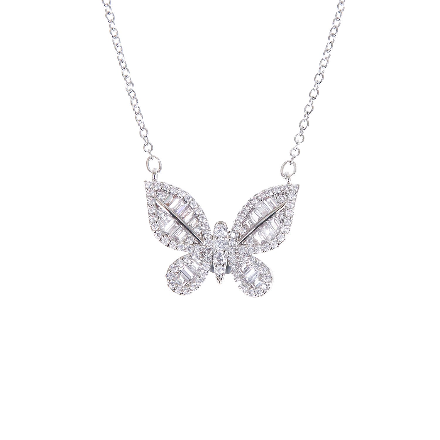 A delicately crafted rhodium-plated silver cable chain suspends a butterfly pendant measuring about 1.8 cm across. The butterfly’s wings are outlined and filled with sparkling white cubic zirconia crystals of varying cuts—round and baguette—creating a textured, shimmering mosaic. The pendant is centred on the chain, which measures 16 in (40 cm) and fastens with a small spring-ring clasp. The overall aesthetic is elegant, glimmering, and nature-inspired, perfect for adding a subtle yet eye-catching accent to