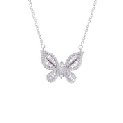 A delicately crafted rhodium-plated silver cable chain suspends a butterfly pendant measuring about 1.8 cm across. The butterfly’s wings are outlined and filled with sparkling white cubic zirconia crystals of varying cuts—round and baguette—creating a textured, shimmering mosaic. The pendant is centred on the chain, which measures 16 in (40 cm) and fastens with a small spring-ring clasp. The overall aesthetic is elegant, glimmering, and nature-inspired, perfect for adding a subtle yet eye-catching accent to