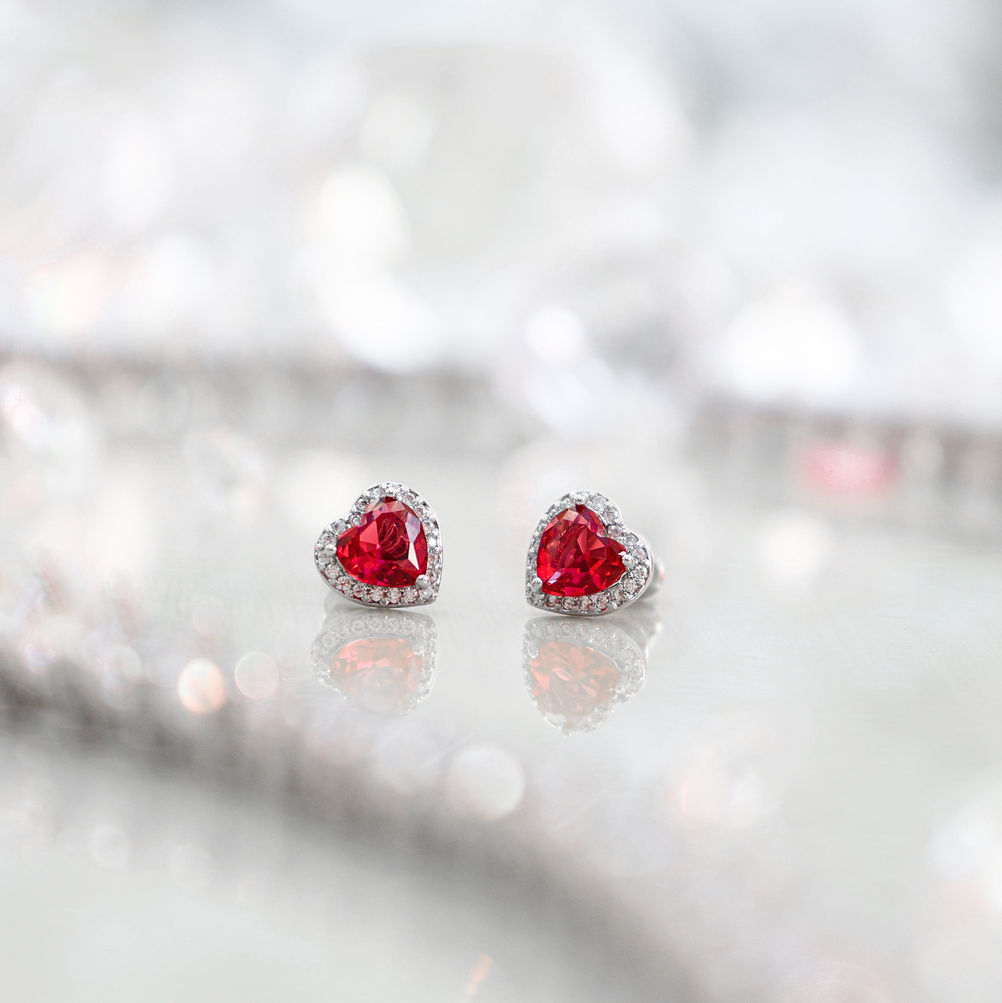 Heart Stud Earrings | Ruby Red | Silver
