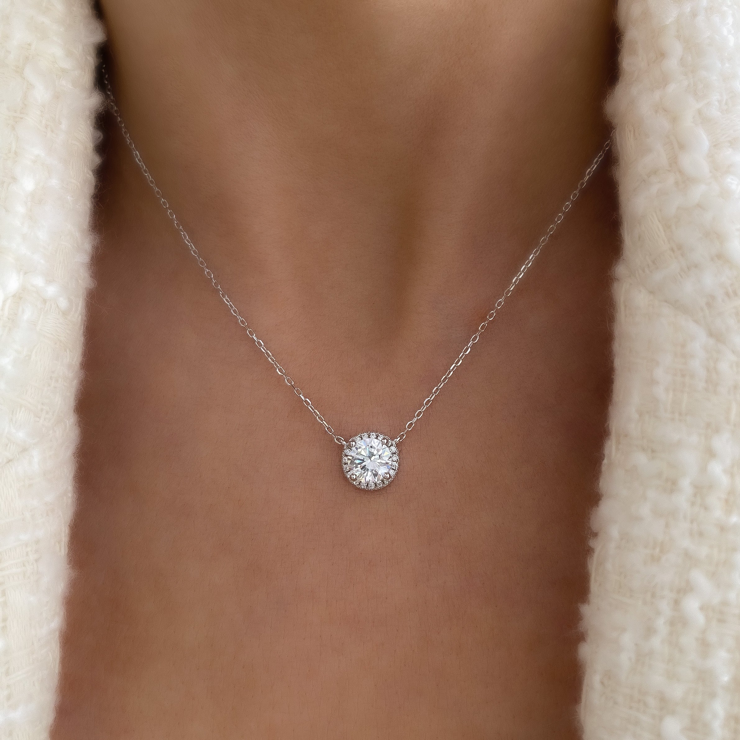 Solitaire Supreme Sparkle Halo Pendant Necklace | Silver