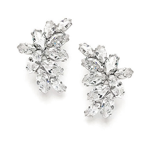Close-up of Meghan Cluster Earrings in silver – floral-inspired design with faceted crystals for a glamorous finish