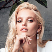 Zara drop earrings with simulated diamonds and pavé halo, white gold-plated brass, 4.6cm long, luxury gift-ready, perfect for special occasions