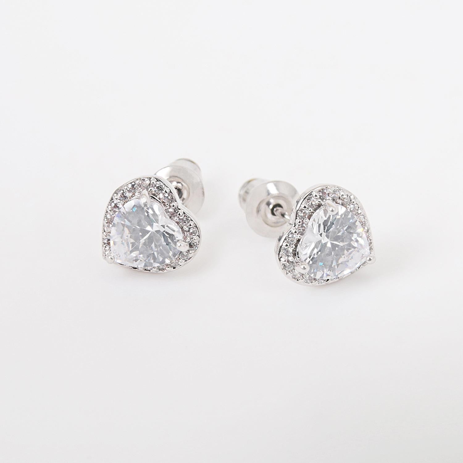 Silver heart stud earrings, Wedding earrings, silver earrings, bridal earrings, bridesmaid earrings, going out earrings, shiny earrings, rhodium earrings, statement earrings