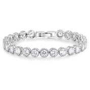 Dainty rhodium-plated tennis bracelet with sparkling 3A cubic zirconia stones in bezel setting, slim 4-5mm width, available in 17cm, 19cm, and 20cm lengths, lightweight and elegant for everyday wear, nickel free, presented in Valentina-Rose gift box.